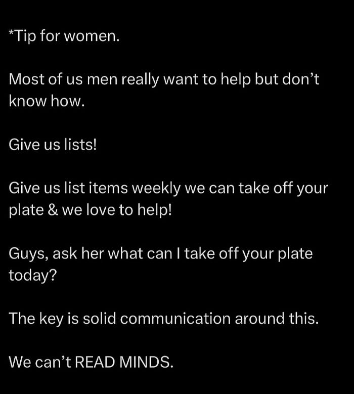 A social media post asking women to create task lists for men
